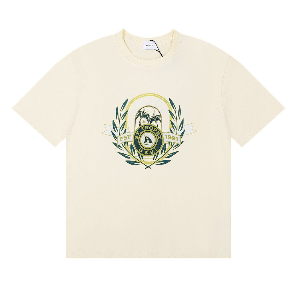 Rhude T-shirt Alphabet Coconut Racing Pattern Short Sleeve T-shirt