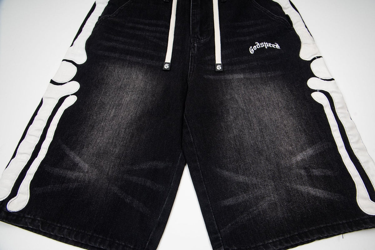 Godspeed Bone Applique Denim Shorts — detail