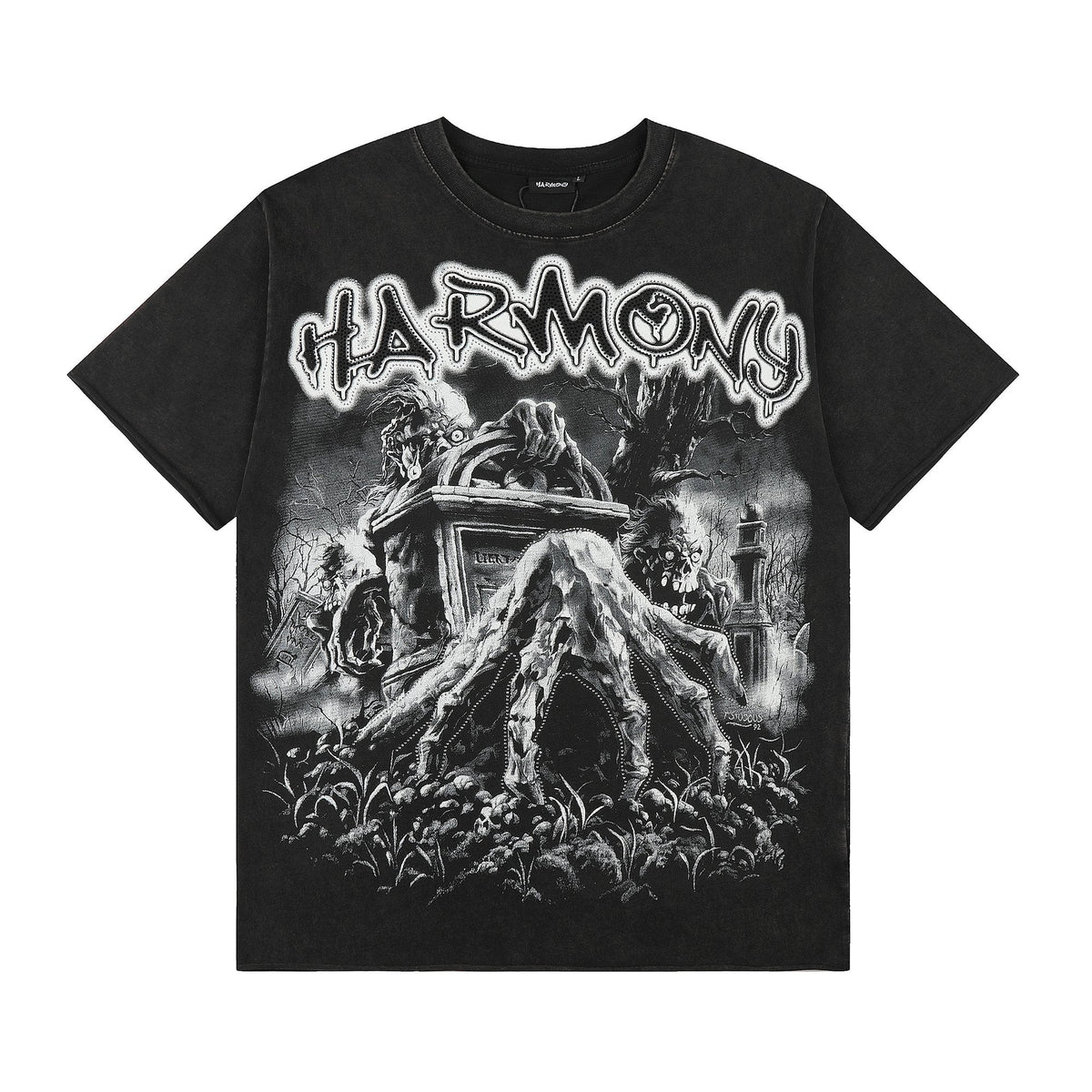 HARMONY Washed Black Rhinestone Graphic T-Shirt — hero