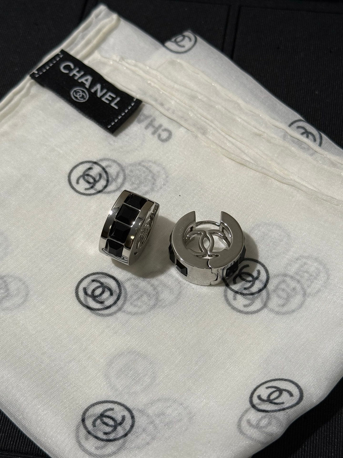 Chanel 2026 Black Square Diamond Silver Double C Hoop Stud Earrings