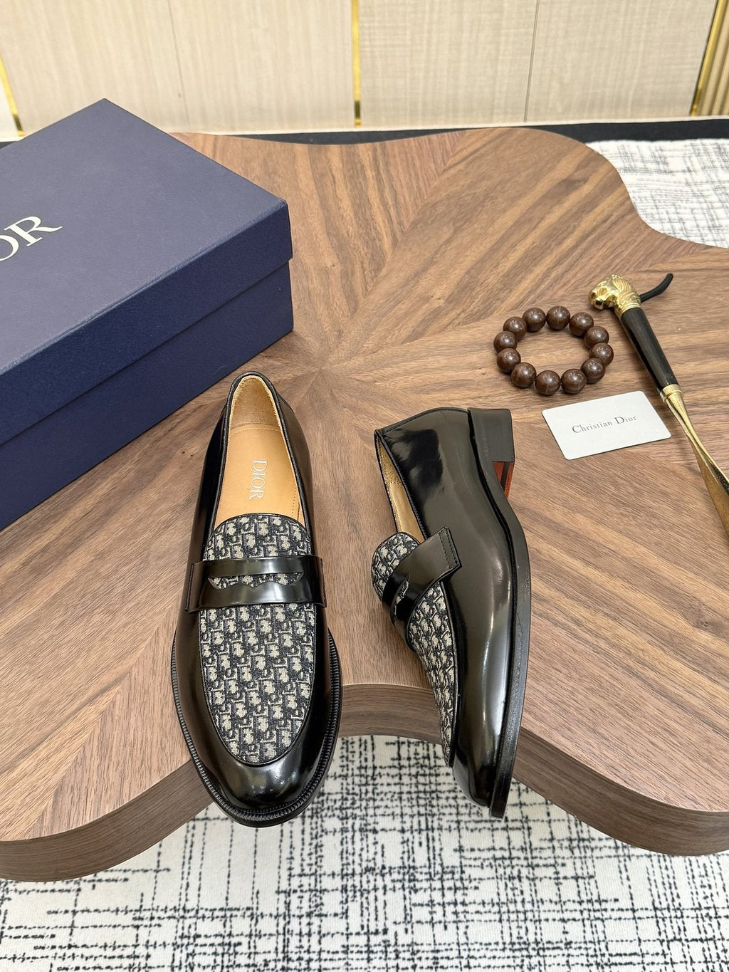 Dior Black & Gray Patterned Loafers — front