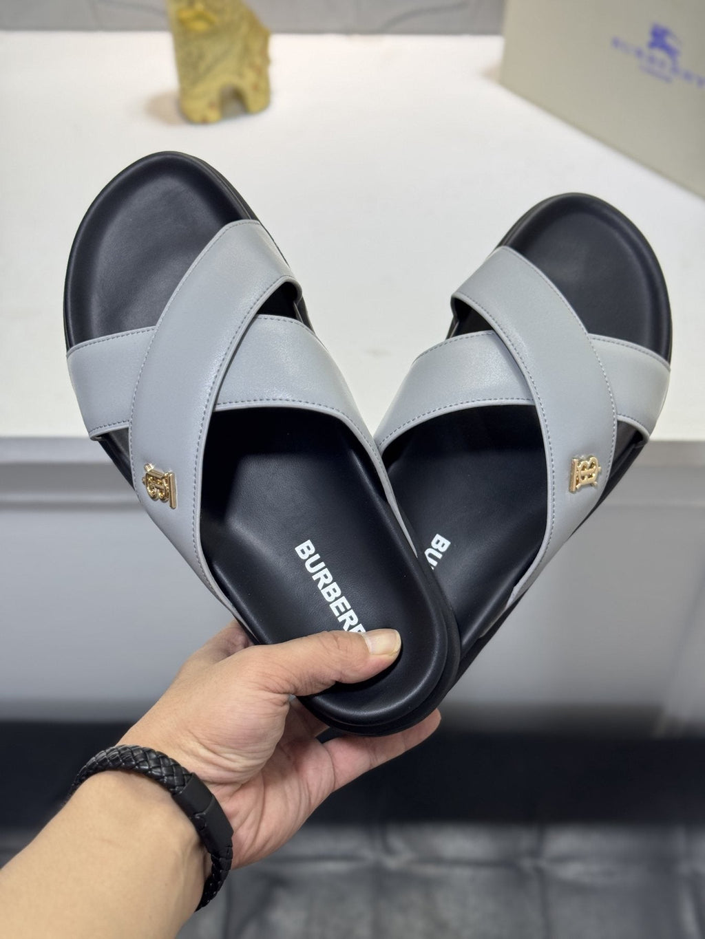 Burberry Light Gray Cross-Strap Slide Sandals — front
