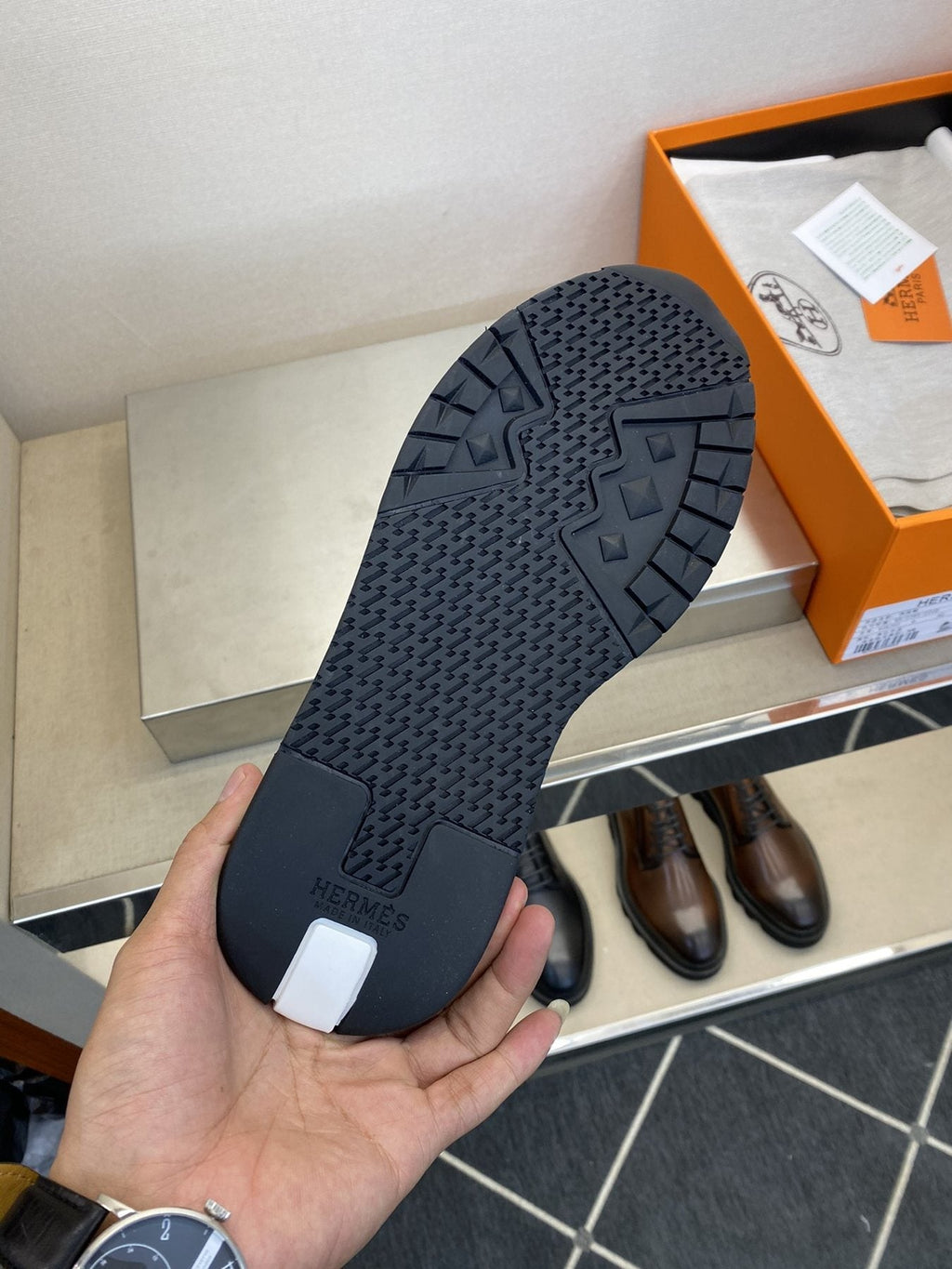 Hermès White and Gray Low-Top Sneakers — detail