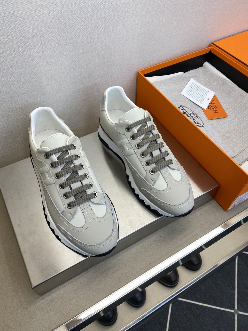 Hermès White and Gray Low-Top Sneakers — front