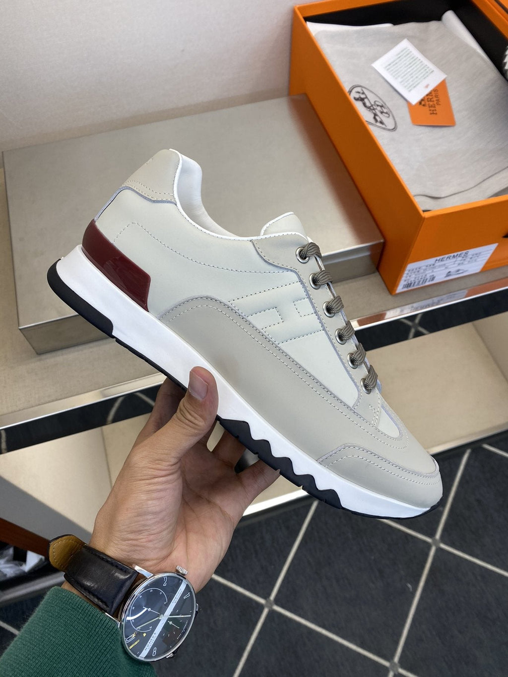 Hermès White and Gray Low-Top Sneakers — side