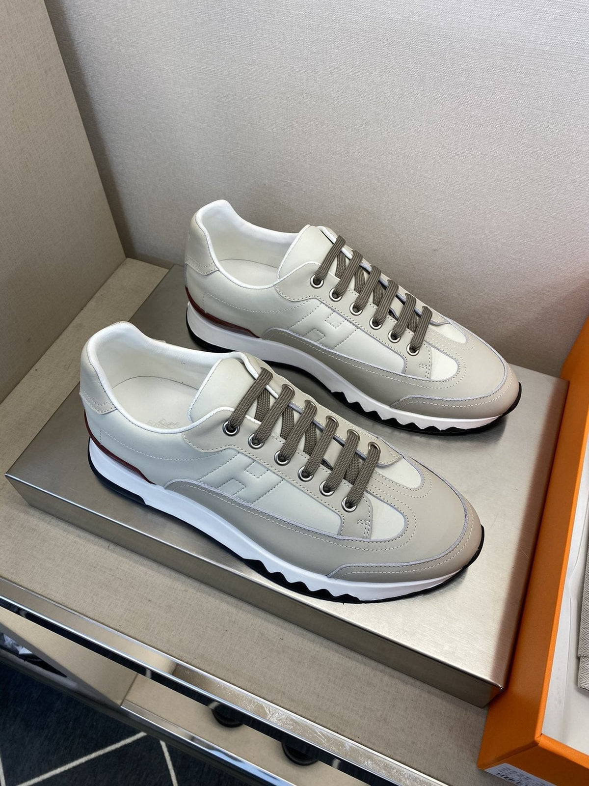 Hermès White and Gray Low-Top Sneakers — side