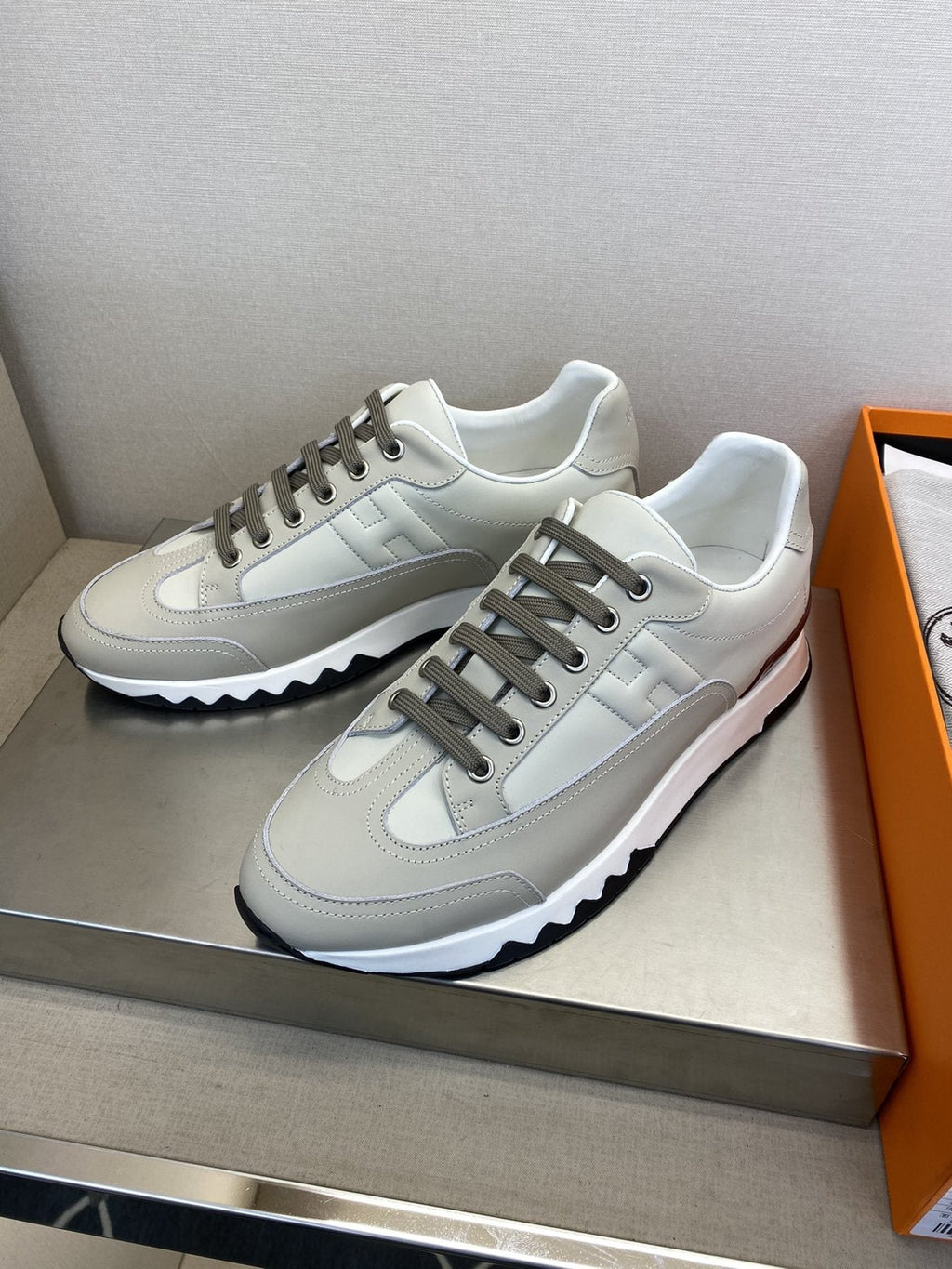 Hermès White and Gray Low-Top Sneakers — front