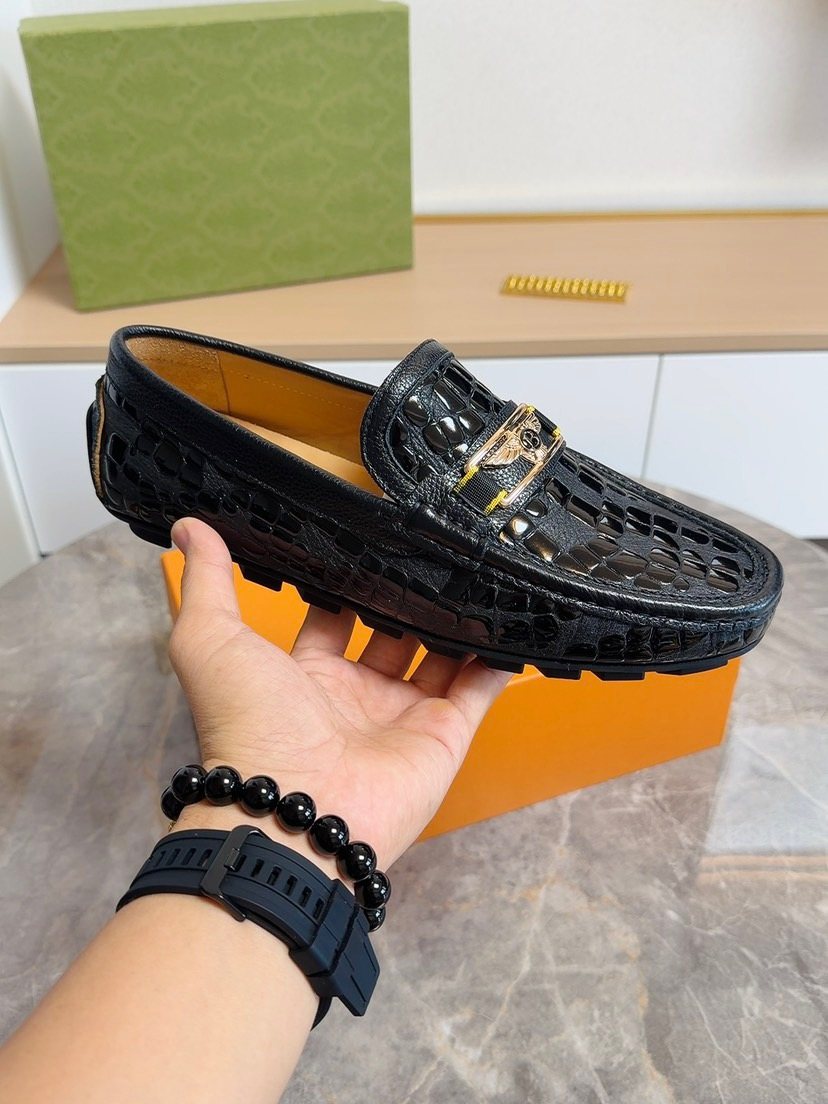 Black Embossed Buckle Loafers — side