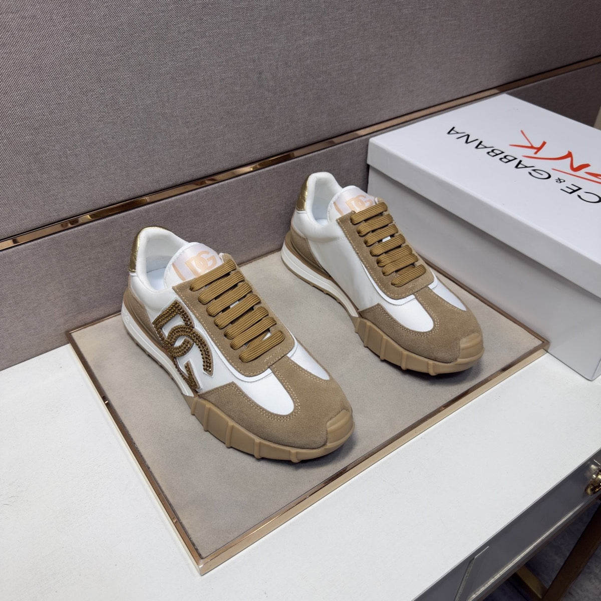 Dolce & Gabbana White Tan Monogram Sneakers — front