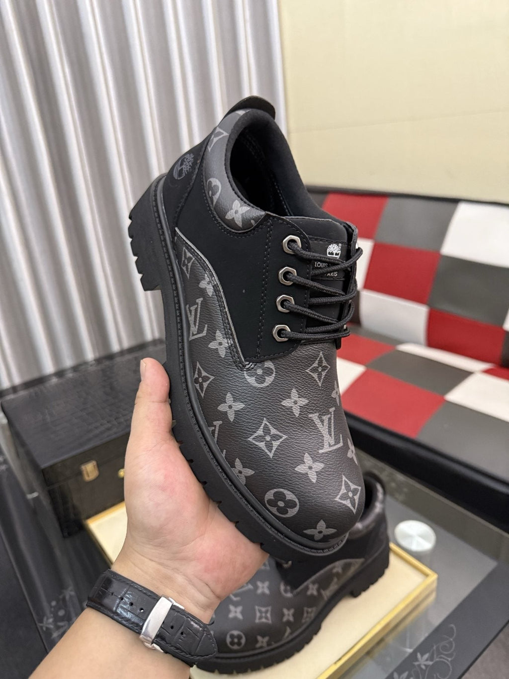 Black & Dark Gray Monogram Lace-Up Shoes — model