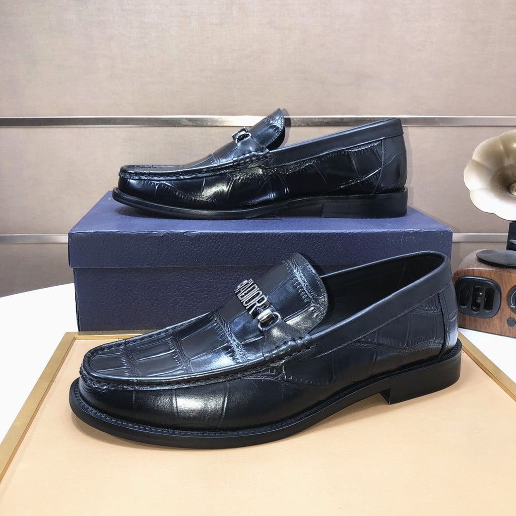 Dior Black Croc-Embossed Logo Loafers — side