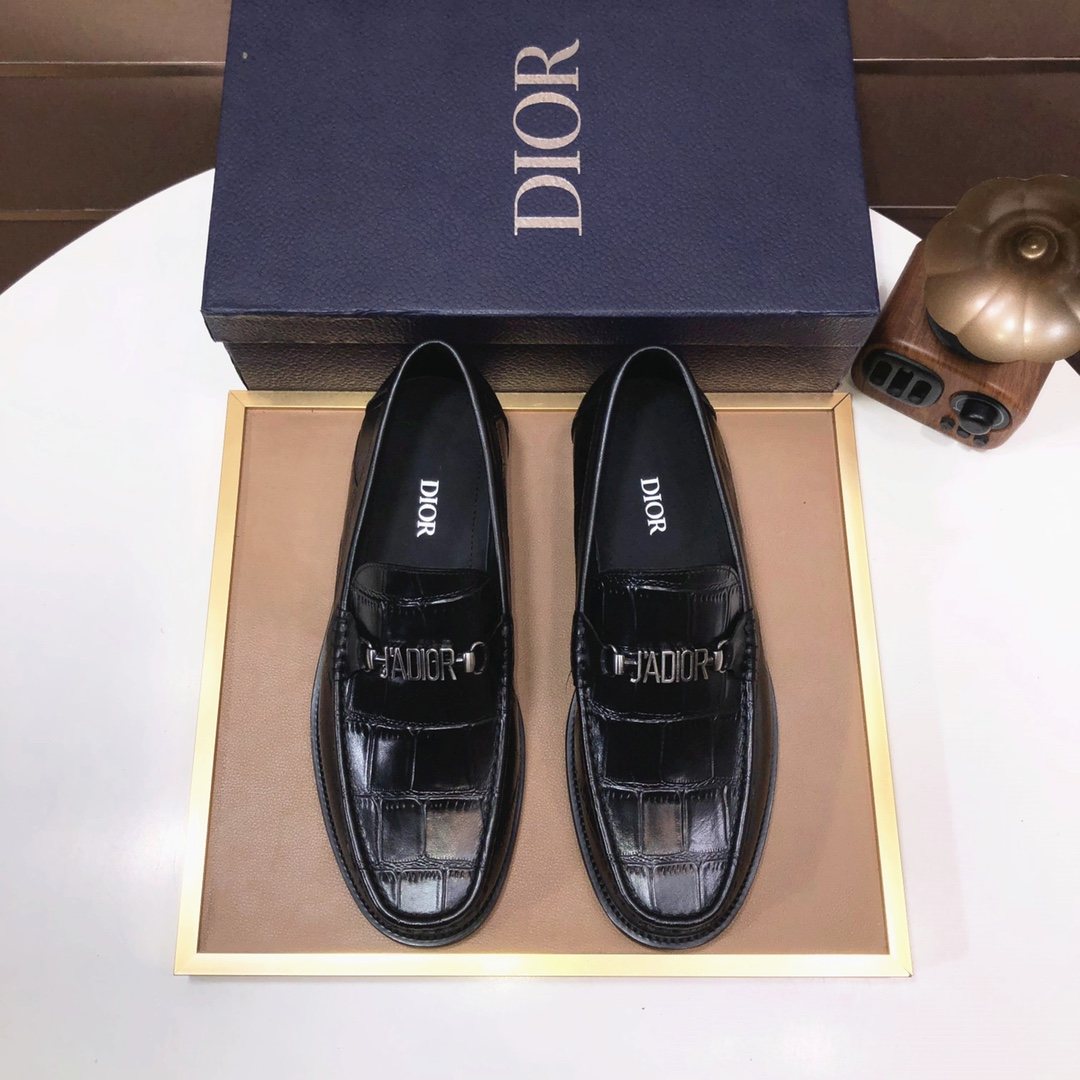 Dior Black Croc-Embossed Logo Loafers — hero