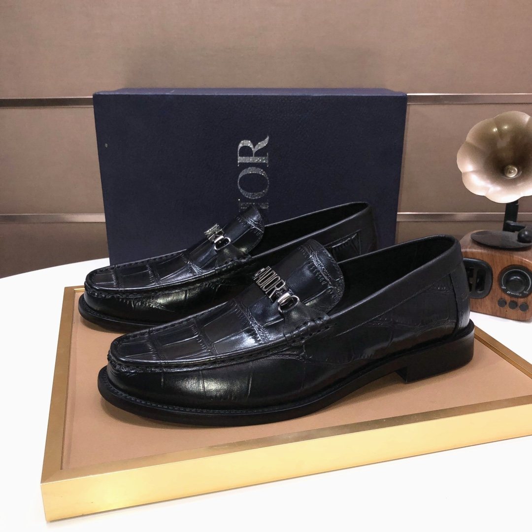 Dior Black Croc-Embossed Logo Loafers — front