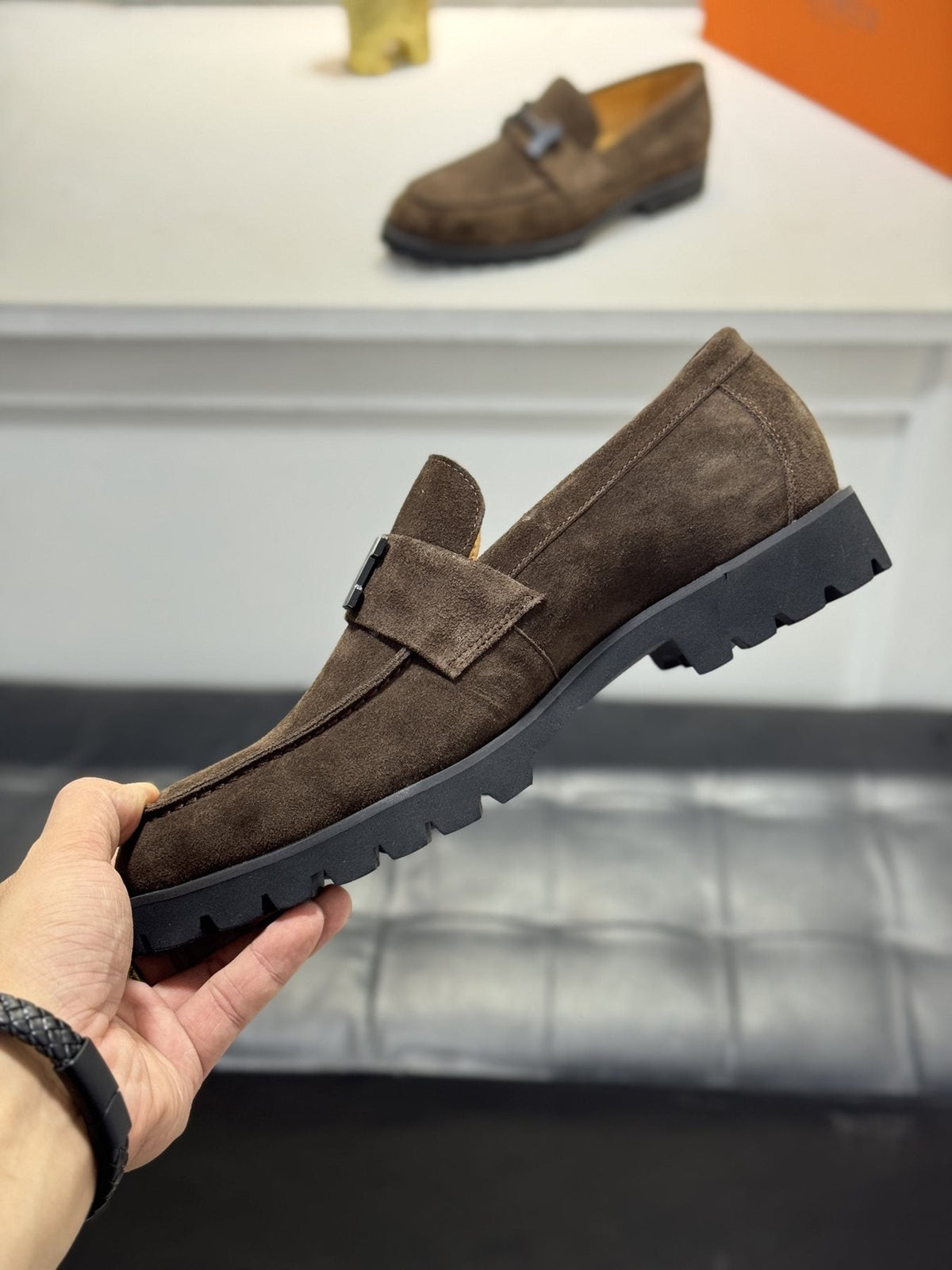 Hermès Dark Brown Lug-Sole Loafers — side