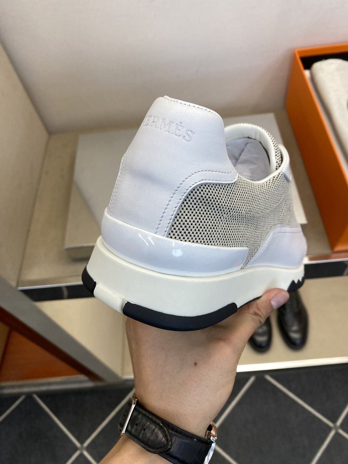 Hermès White & Gray Low-Top Sneakers — back