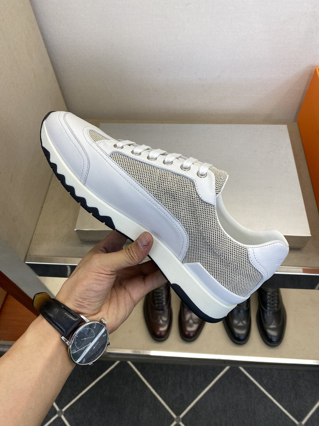Hermès White & Gray Low-Top Sneakers — side