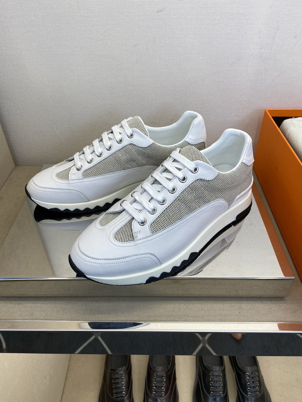 Hermès White & Gray Low-Top Sneakers — front