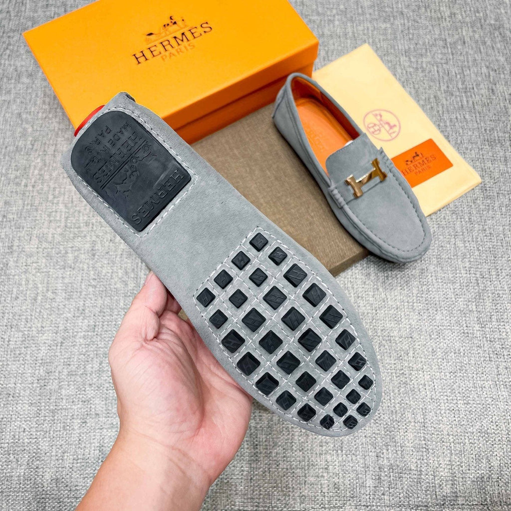 Hermès Light Gray Suede Driving Loafers — detail