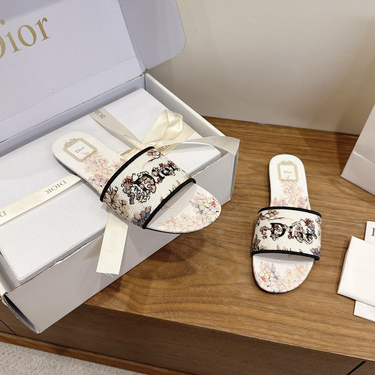 Dior Floral Embroidered Slide Sandals — side