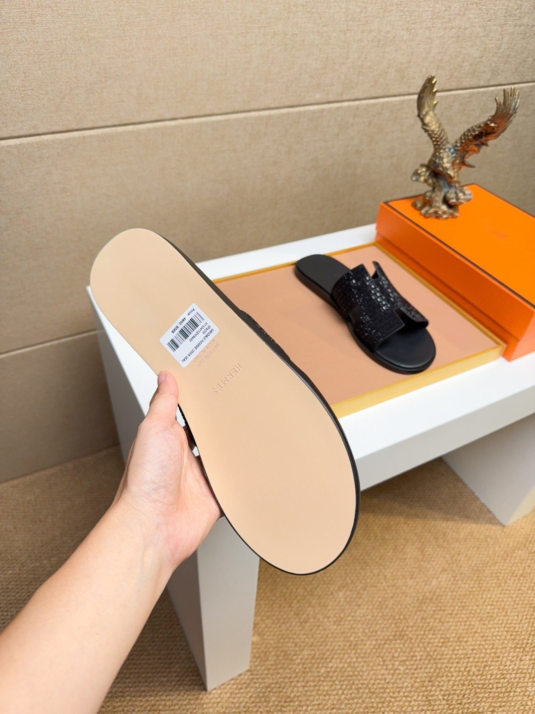 Hermès Black Textured H Slide Sandals — side