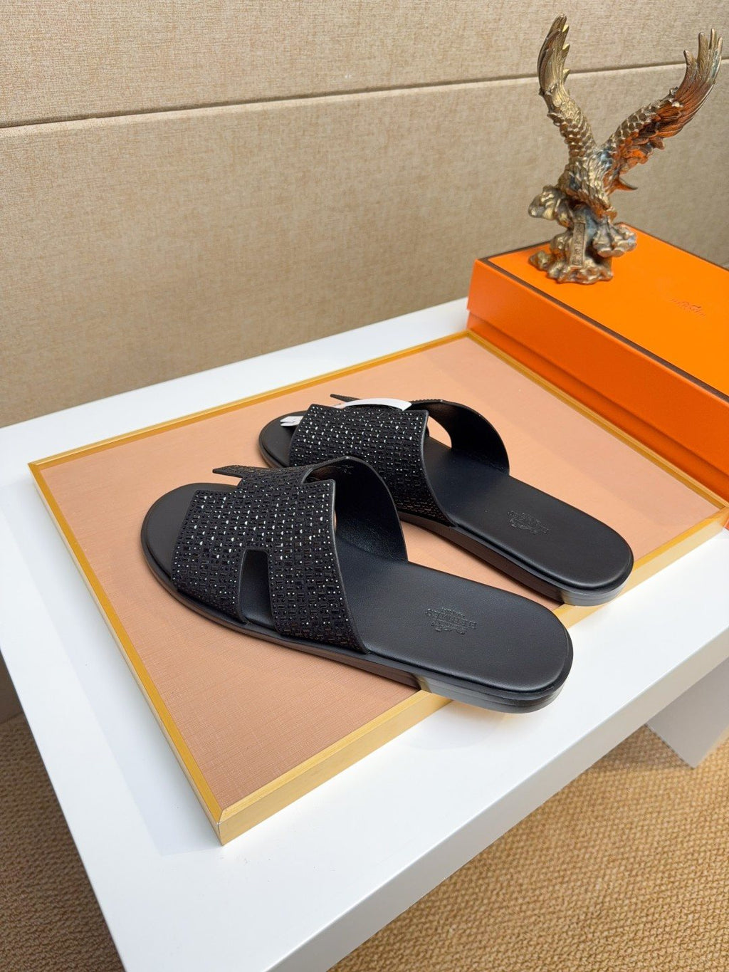 Hermès Black Textured H Slide Sandals — front