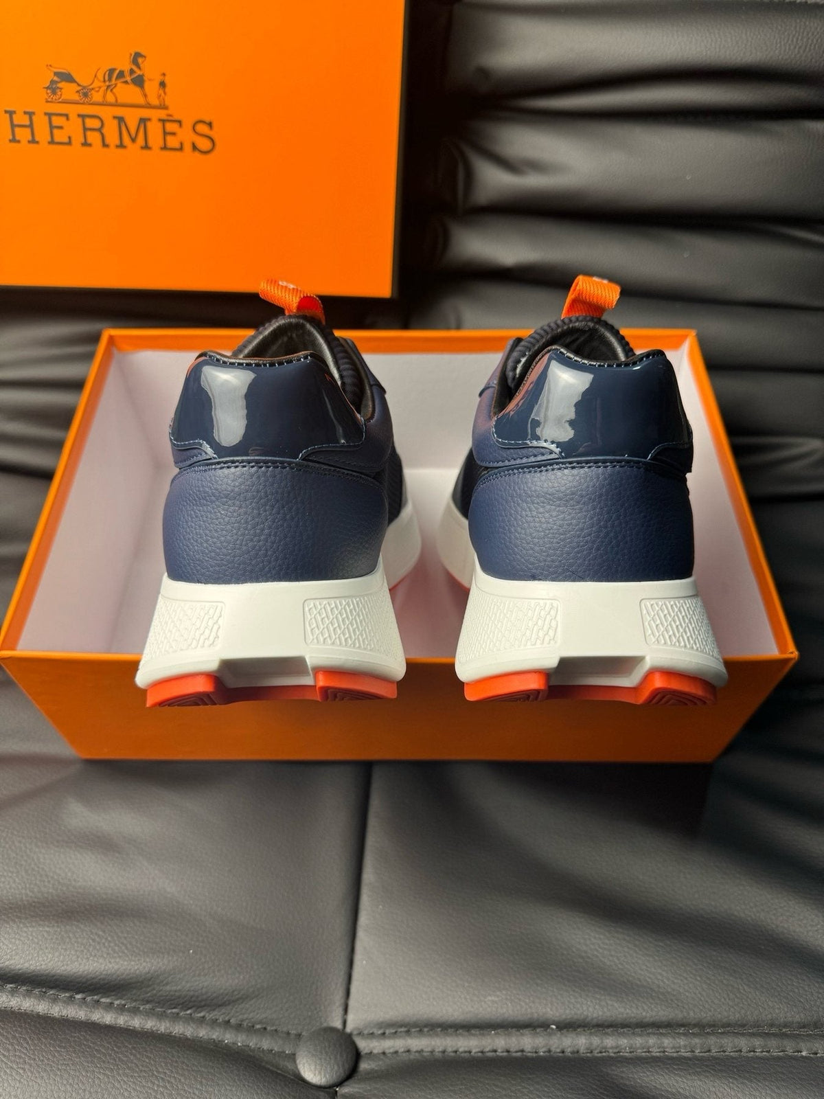 Hermès Navy Orange H-Detail Sneakers — back