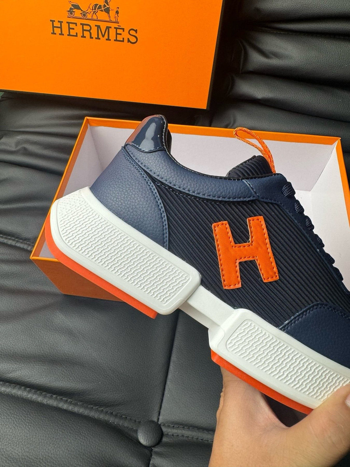 Hermès Navy Orange H-Detail Sneakers — side