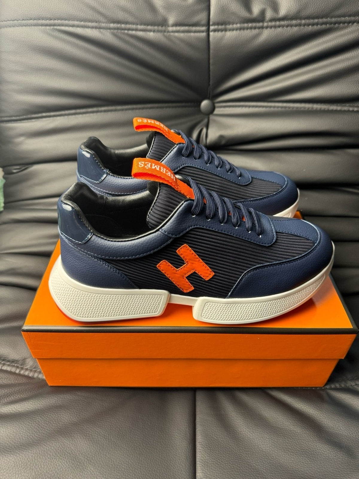 Hermès Navy Orange H-Detail Sneakers — side