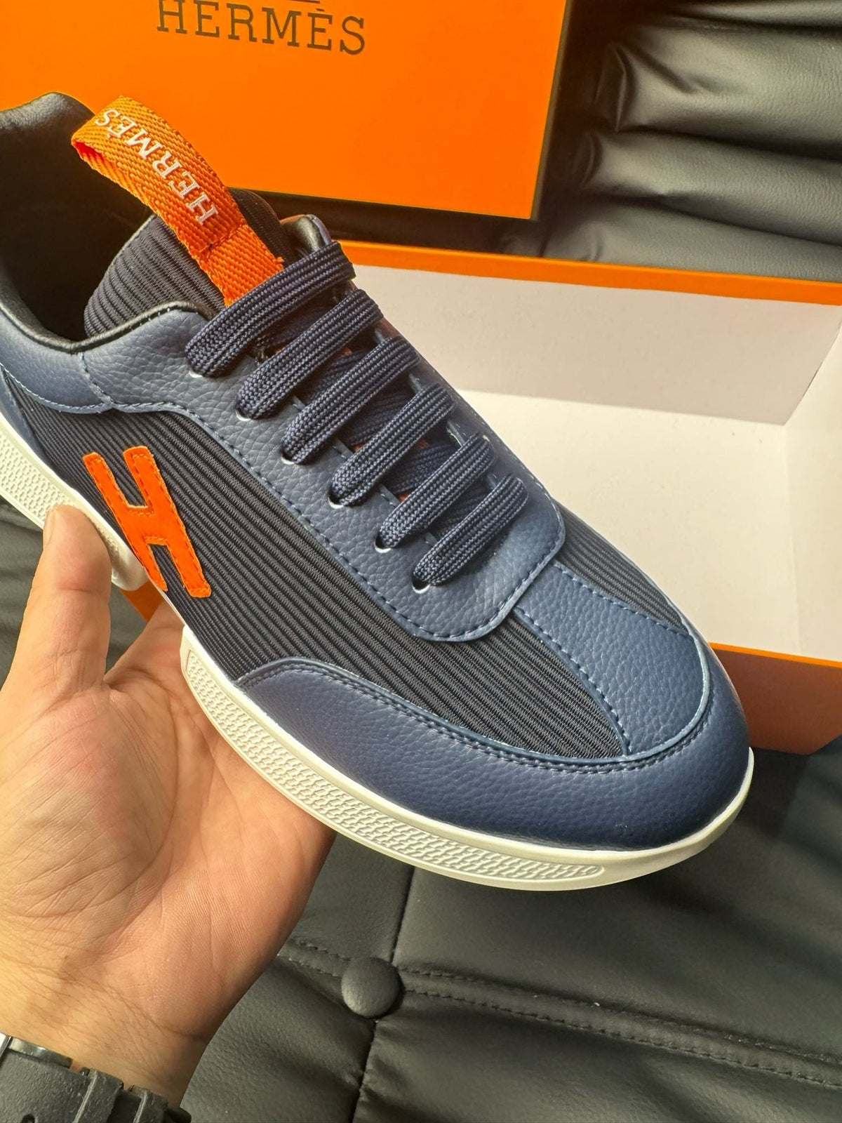 Hermès Navy Orange H-Detail Sneakers — side