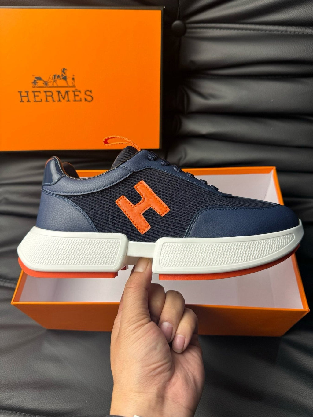 Hermès Navy Orange H-Detail Sneakers — side