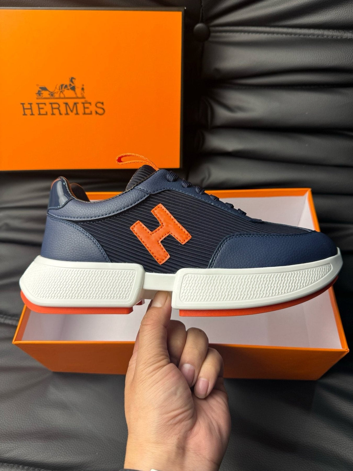 Hermès Navy Orange H-Detail Sneakers — side