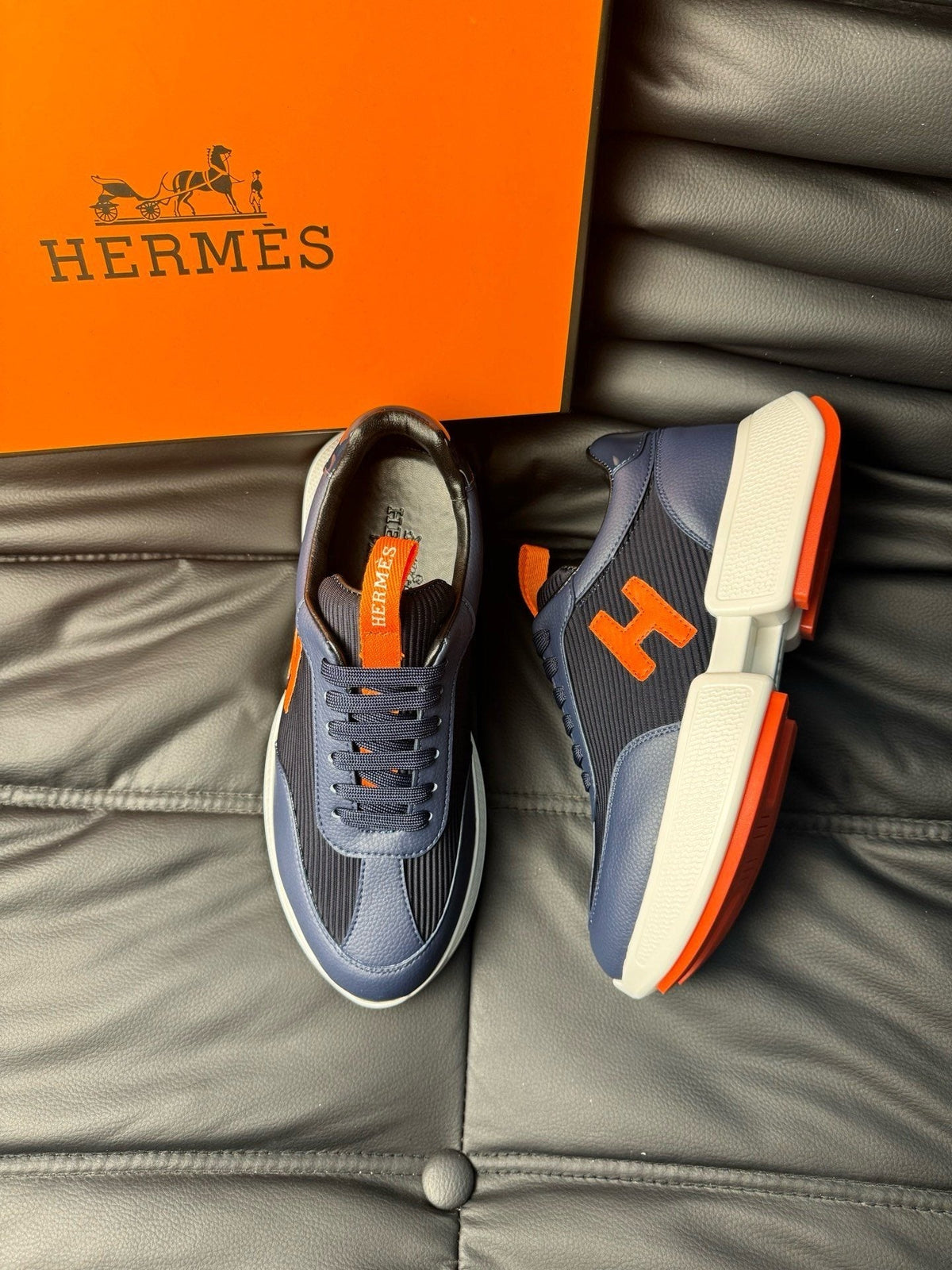 Hermès Navy Orange H-Detail Sneakers — hero