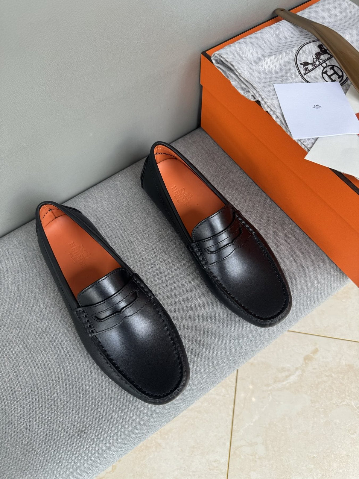 Hermès Black Slip-On Loafers — front