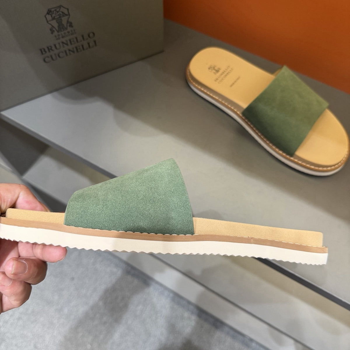 Brunello Cucinelli Sage Green Slide Sandals — model
