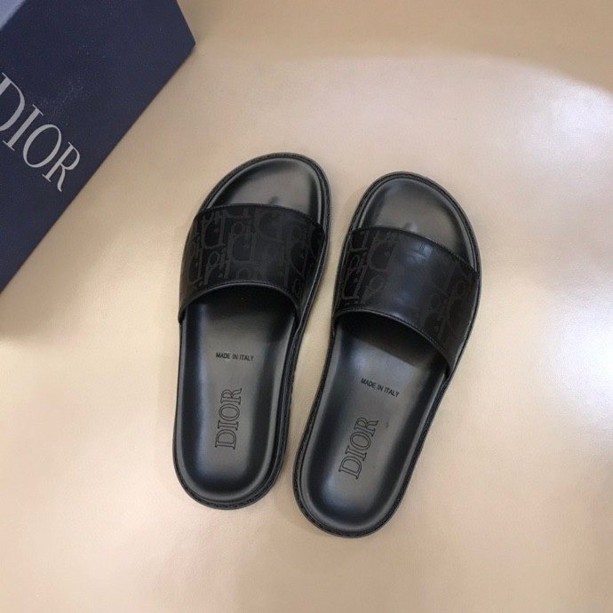 Dior Black Embossed Strap Slide Sandals — front