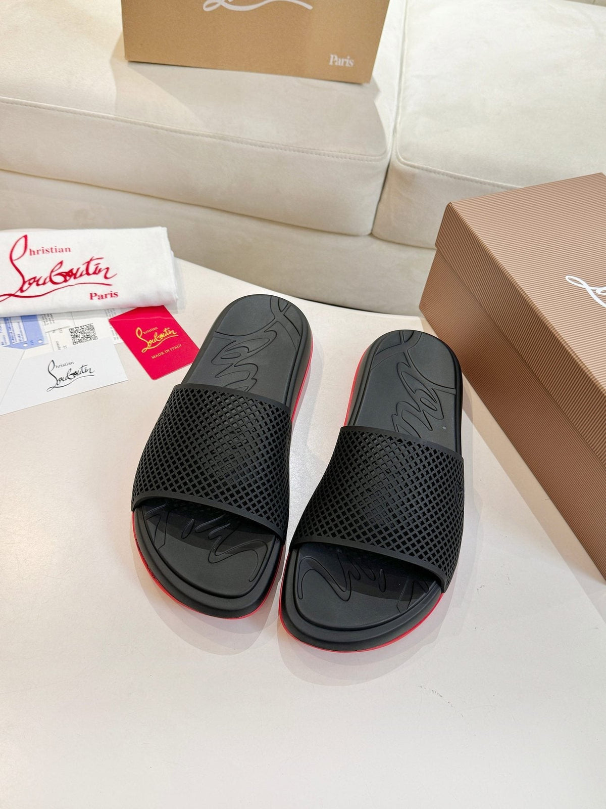 Christian Louboutin Black Red Sole Slide Sandals — front