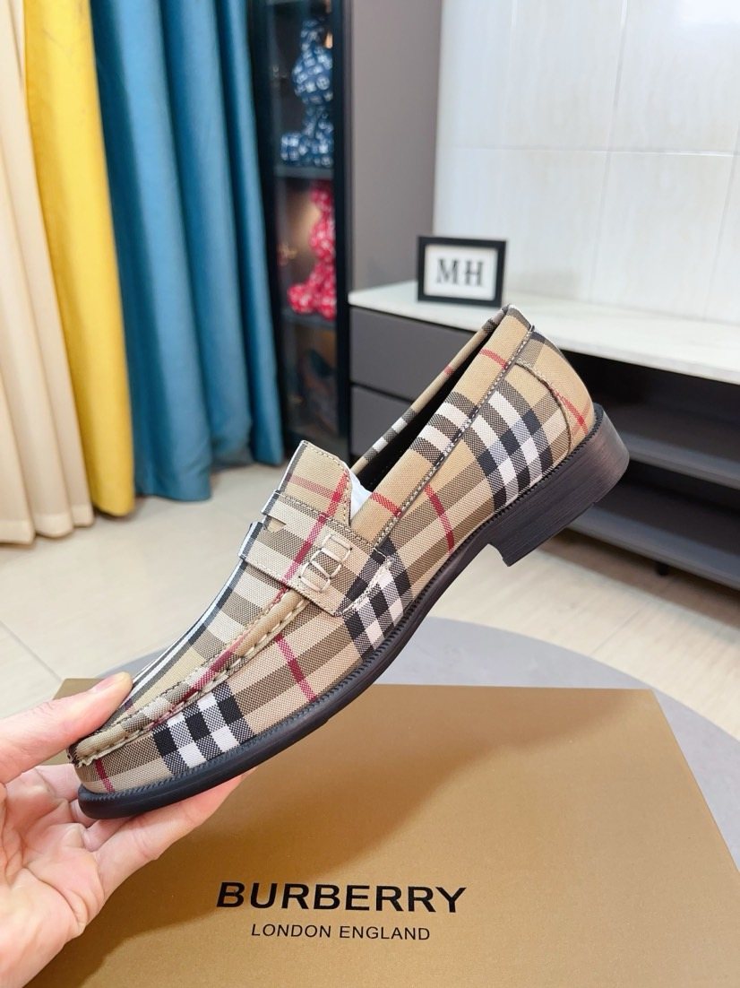 Burberry Beige Check Plaid Loafers — side