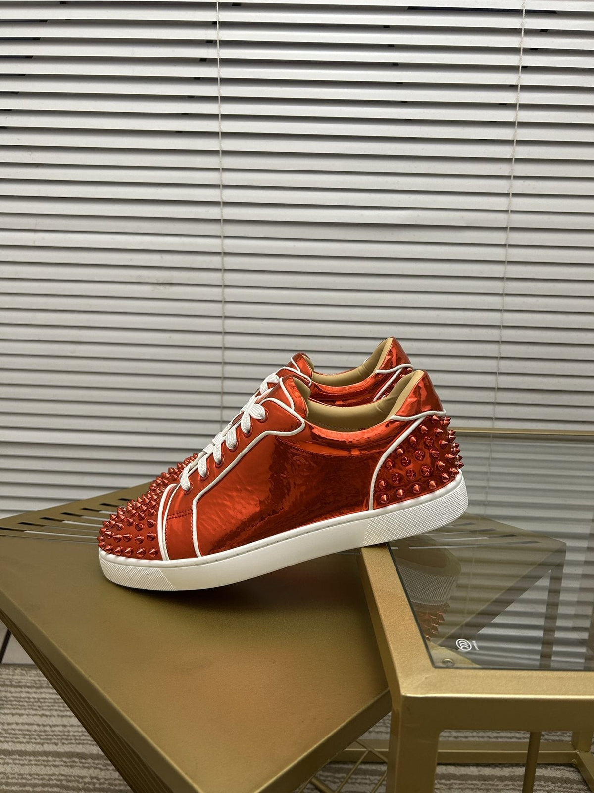 Christian Louboutin Metallic Red Studded Sneakers — side