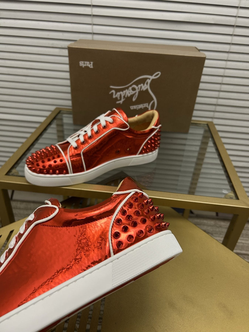 Christian Louboutin Metallic Red Studded Sneakers — detail