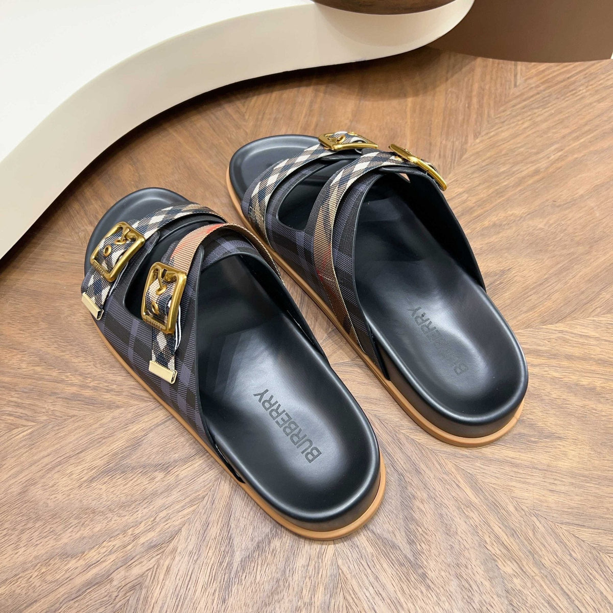Burberry Black Plaid Two-Strap Slide Sandals — front