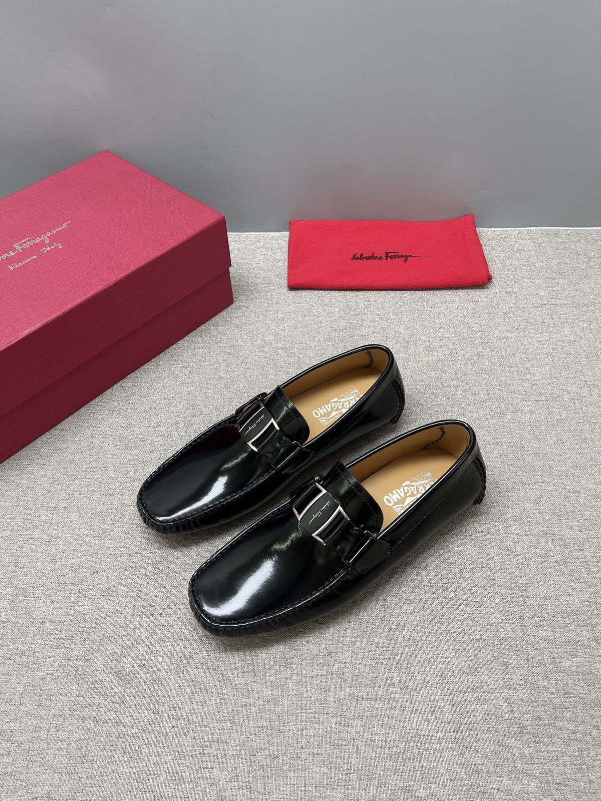 Ferragamo Black Buckle Driving Loafers — side