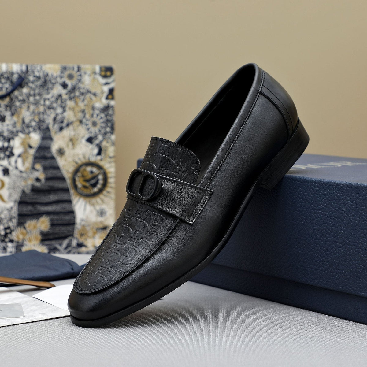 Dior Black Embossed Leather Loafers — side