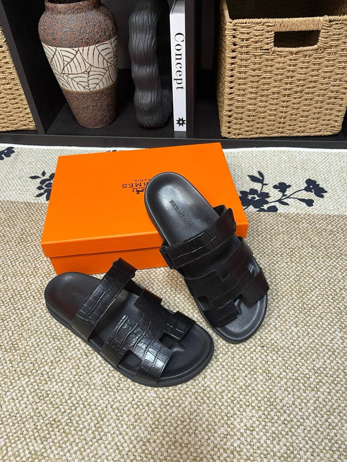 Hermes Kazimir Black Slide Sandals — front