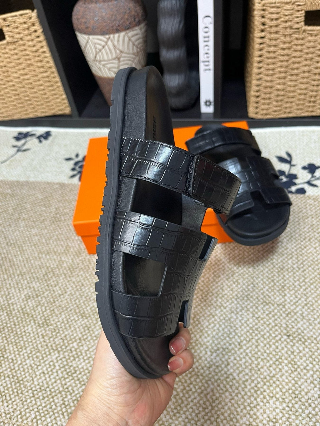 Hermes Kazimir Black Slide Sandals — side