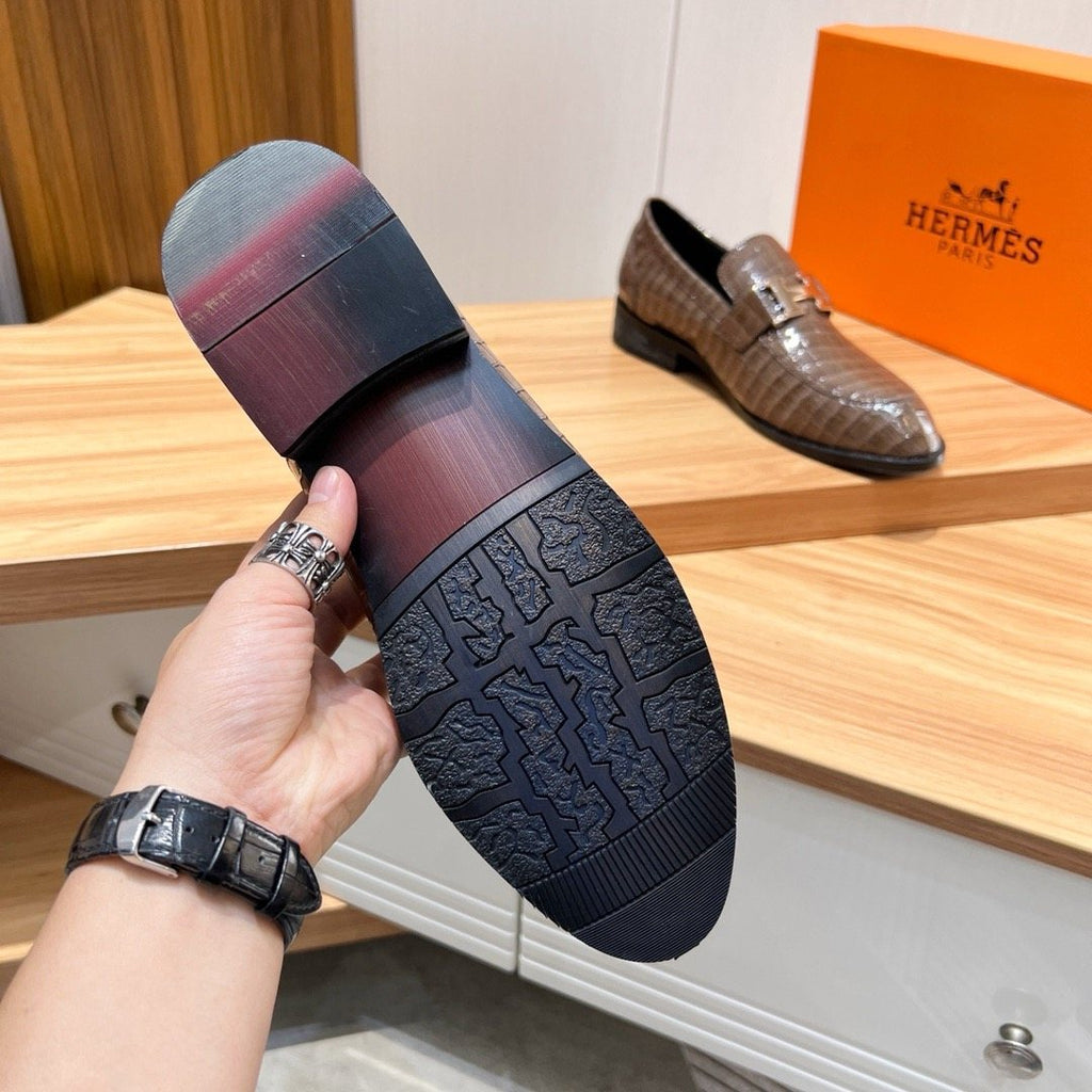 Hermès Brown Textured Loafers — detail