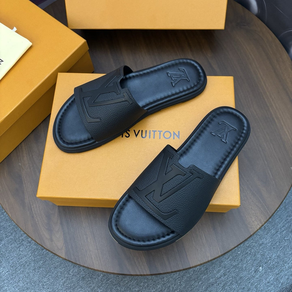Black Embossed Slide Sandals — front