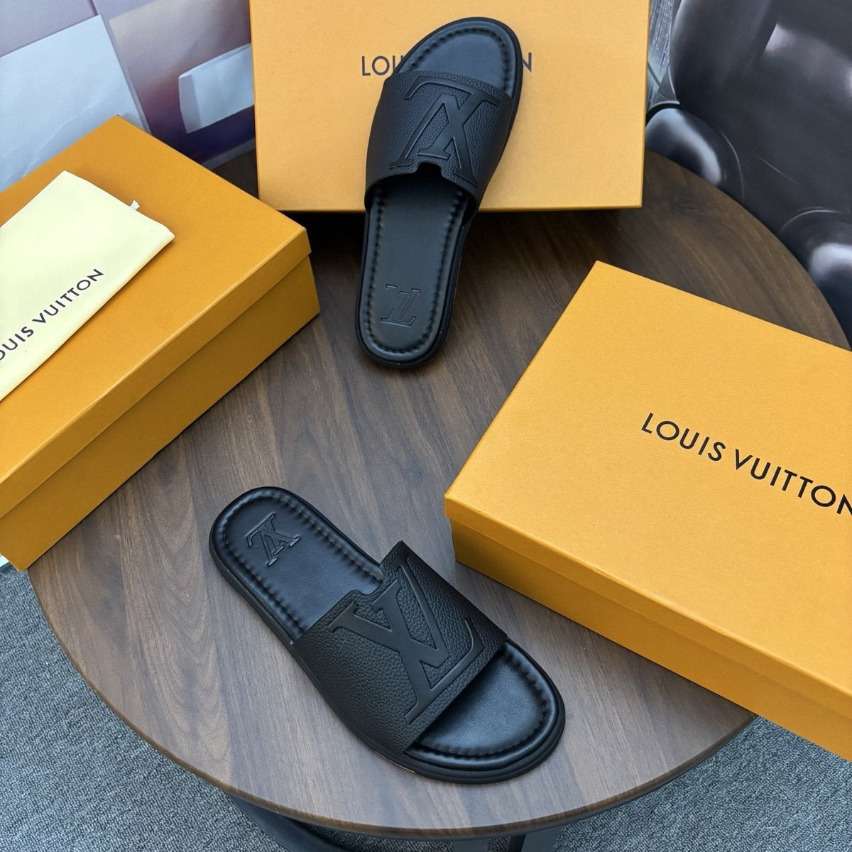 Black Embossed Slide Sandals — front