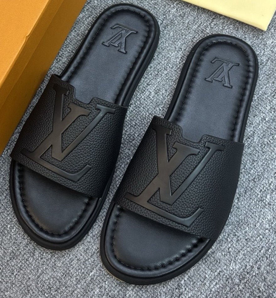 Black Embossed Slide Sandals — front