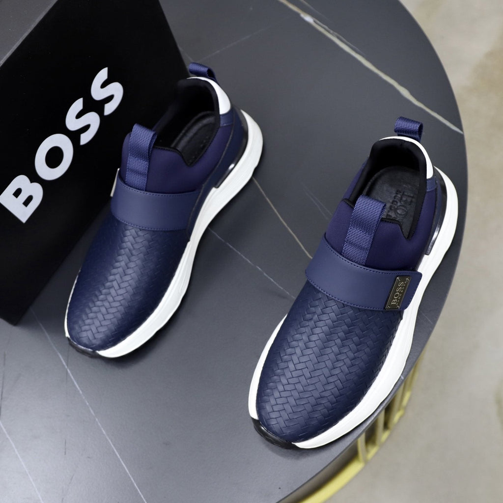 BOSS Navy Textured Slip-On Sneakers — front