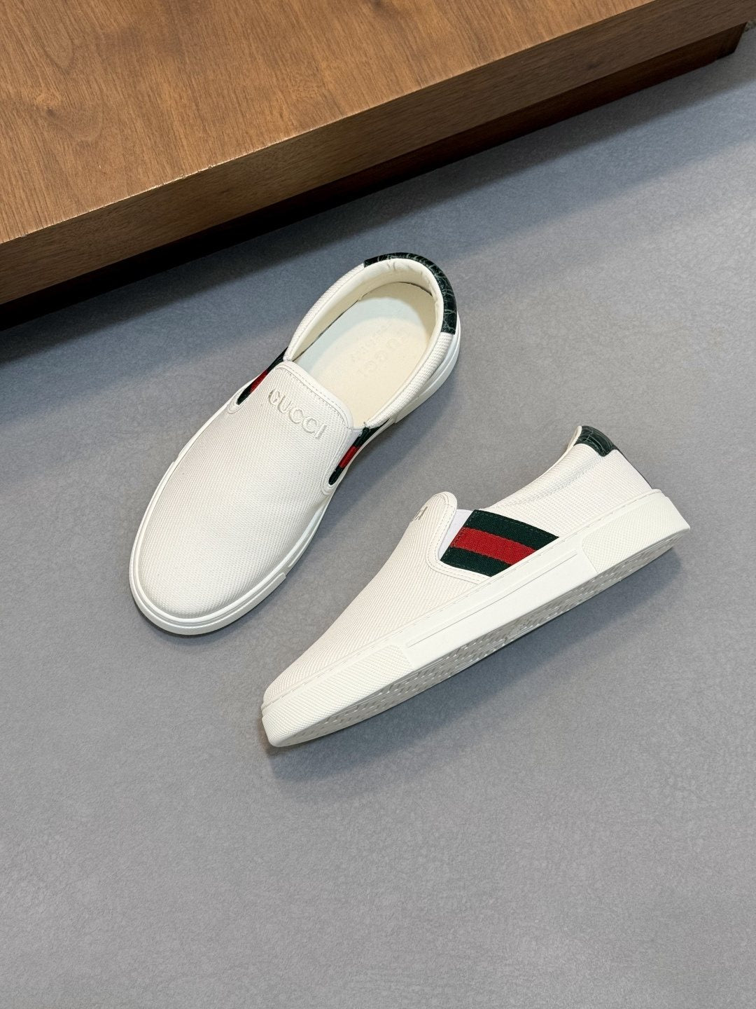 Gucci White Stripe Slip-On Sneakers — front